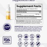Liposomal Quercetin | Rho Nutrition supplement facts label, featuring Quercetin sourced from Sophora japonica and Non-GMO Sunflower Lecithin, displays nutrition information, ingredients, certifications, and usage instructions on a white background alongside a yellow and white bottle branded by Rho Nutrition.
