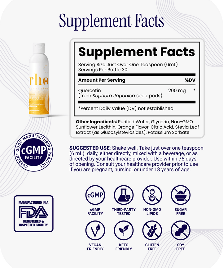 Liposomal Quercetin | Rho Nutrition supplement facts label, featuring Quercetin sourced from Sophora japonica and Non-GMO Sunflower Lecithin, displays nutrition information, ingredients, certifications, and usage instructions on a white background alongside a yellow and white bottle branded by Rho Nutrition.
