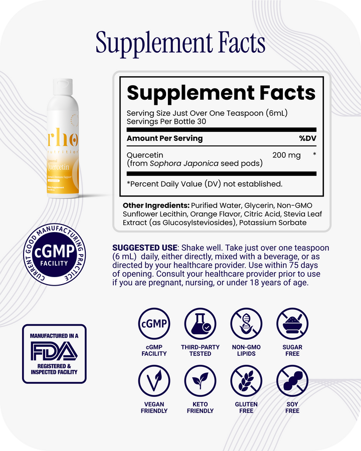 Liposomal Quercetin | Rho Nutrition supplement facts label, featuring Quercetin sourced from Sophora japonica and Non-GMO Sunflower Lecithin, displays nutrition information, ingredients, certifications, and usage instructions on a white background alongside a yellow and white bottle branded by Rho Nutrition.