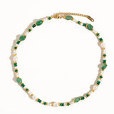 Bohemian Rose Pearl and Bead Necklace by Flanerie by MAIQ featuring natural pearls, green stones, and 18K gold-tone beads.