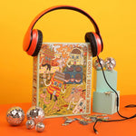 The House Party 1,000 Piece Puzzle by Birdie Puzzles features a vibrant recycled box with orange headphones on top, surrounded by disco balls and puzzle pieces, set against a yellow-orange background.