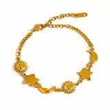 Leonora Sun and Star Bracelet by Flanerie by MAIQ, a hypoallergenic gold chain bracelet with alternating sun, moon, and star charms.