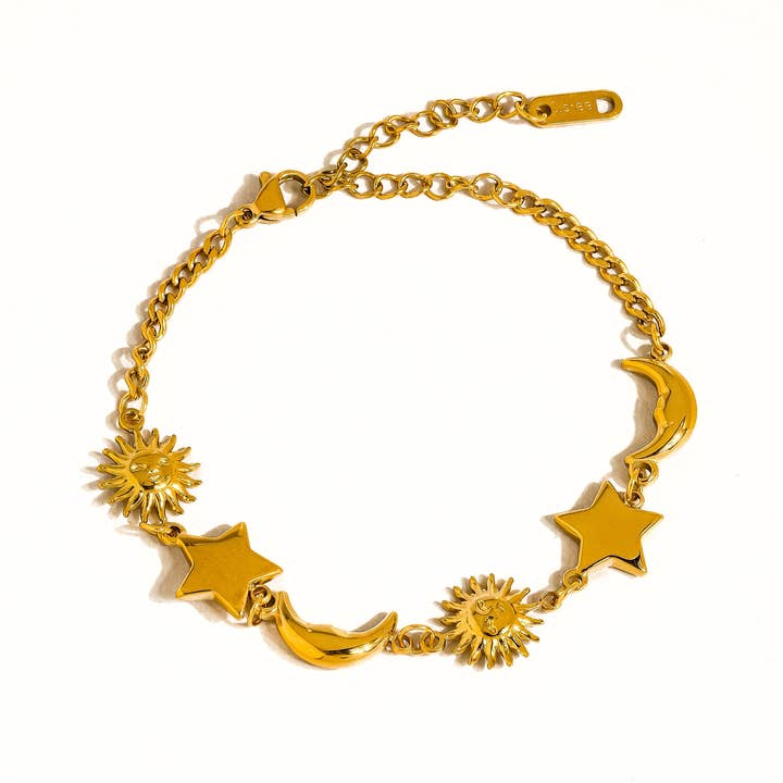 Leonora Sun and Star Bracelet by Flanerie by MAIQ, a hypoallergenic gold chain bracelet with alternating sun, moon, and star charms.