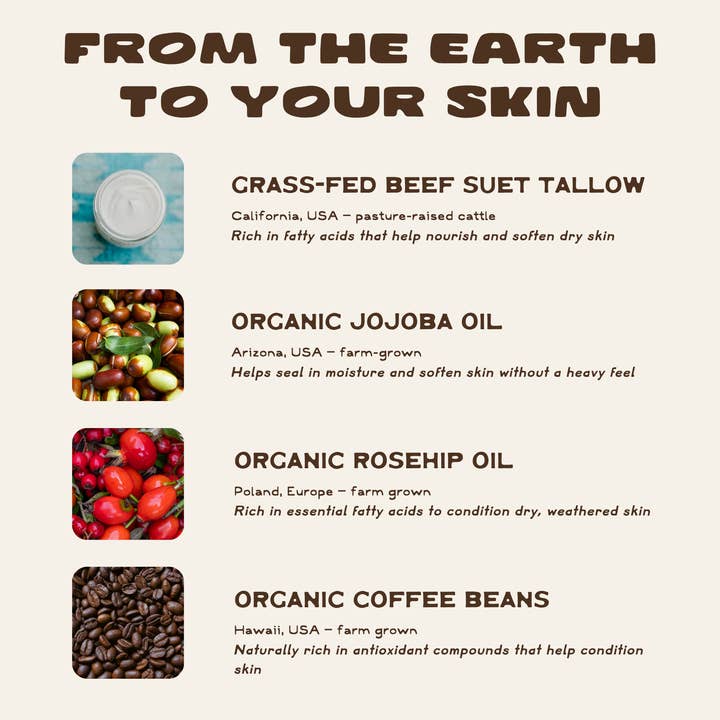 Infographic titled “From the Earth to Your Skin” showing the benefits of Nourishing Coffee-Infused Tallow Cream, listing grass-fed beef suet tallow, organic jojoba, rosehip, and coffee beans.