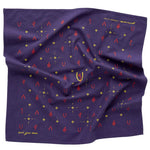 Introducing the Heritage Cotton Bandana - “Ain’T Goin’ Down” by Jenni Earle: a purple cotton bandana featuring red and yellow geometric and abstract symbols, such as repeating shapes and small diamonds, arranged in a grid pattern—ideal as an encouragement gift or to add a touch of western bandana style.