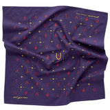 Introducing the Heritage Cotton Bandana - “Ain’T Goin’ Down” by Jenni Earle: a purple cotton bandana featuring red and yellow geometric and abstract symbols, such as repeating shapes and small diamonds, arranged in a grid pattern—ideal as an encouragement gift or to add a touch of western bandana style.