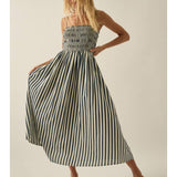 Black Striped Smocked Pocket Midi Dress | Promesa