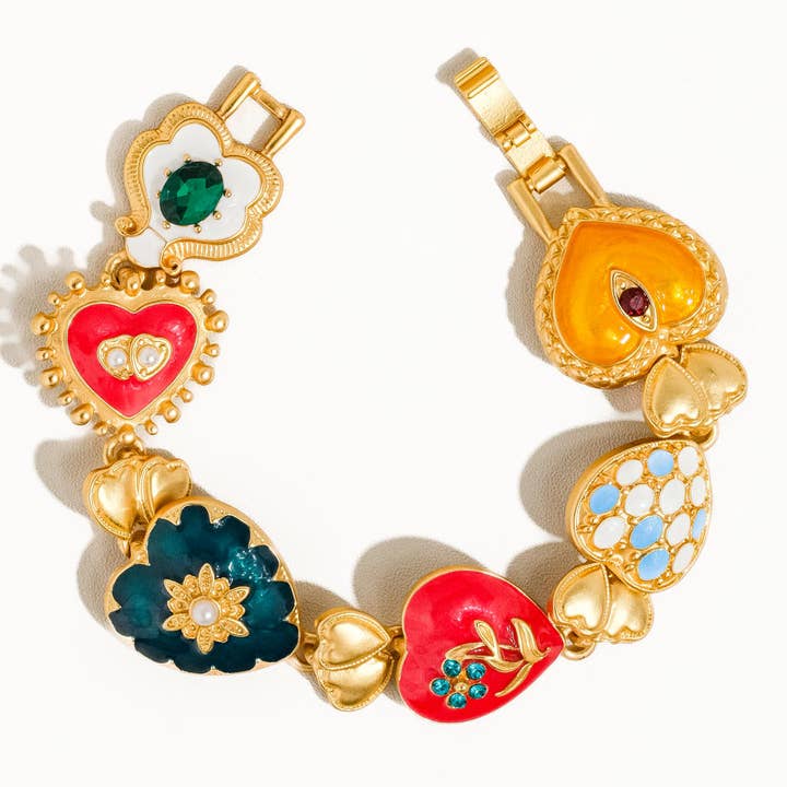 Elysian Baroque Heart Color Bracelet by Flanerie by MAIQ featuring matte 18K gold-plated heart charms with colorful enamel, embedded crystals, and small floral accents.