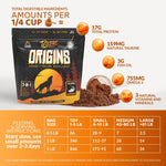 Origins Canine Supplement by Rogue Pet Feed is a high-protein powder with omega-3, taurine, vitamins/minerals, and gut health complex. The 5-in-1 pet food bag includes a feeding guide chart based on dog size and weight.