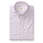 A folded Cotton Oxford Sport Shirt by Duck Head, with a red and blue plaid on white, crafted from stretch cotton oxford fabric and featuring the iconic Duck Head label inside the collar.
