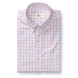 A folded Cotton Oxford Sport Shirt by Duck Head, with a red and blue plaid on white, crafted from stretch cotton oxford fabric and featuring the iconic Duck Head label inside the collar.