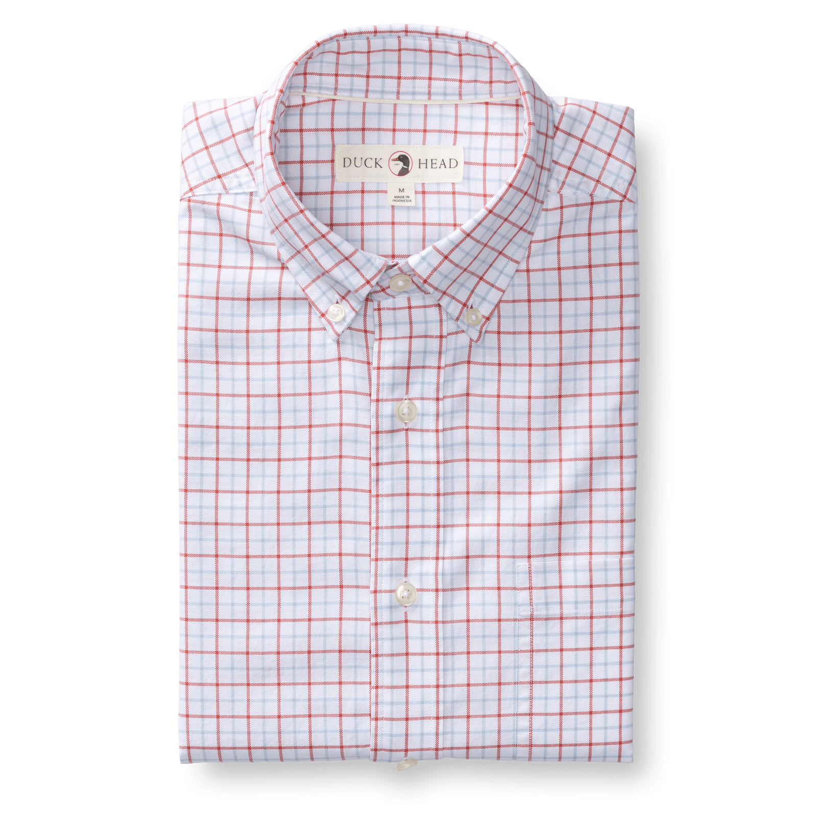 A folded Cotton Oxford Sport Shirt by Duck Head, with a red and blue plaid on white, crafted from stretch cotton oxford fabric and featuring the iconic Duck Head label inside the collar.