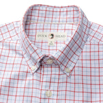 The Duck Head Cotton Oxford Sport Shirt features a red and blue plaid, button-down collar, mechanical stretch, and an OCBD label inside the collar.