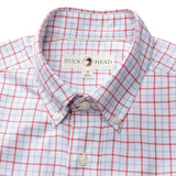 The Duck Head Cotton Oxford Sport Shirt features a red and blue plaid, button-down collar, mechanical stretch, and an OCBD label inside the collar.