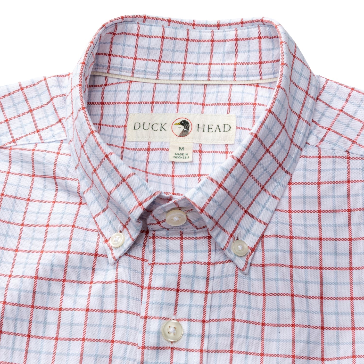 The Duck Head Cotton Oxford Sport Shirt features a red and blue plaid, button-down collar, mechanical stretch, and an OCBD label inside the collar.