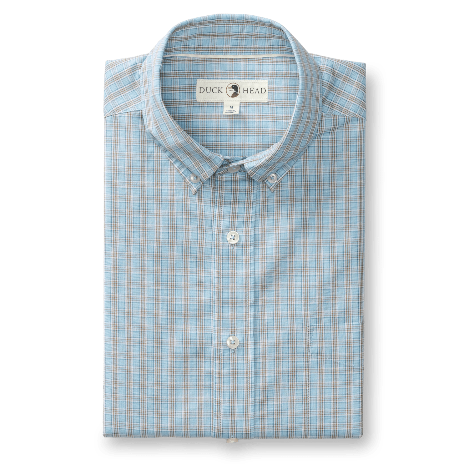 The Duck Head Cotton Cashmere Poplin Sport Shirt is a folded button-down featuring a blue and red plaid pattern, crisp collar, and signature brand label.