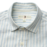 The Duck Head Linen Cotton Oxford Sport Shirt, in light blue and white stripes with a button-down collar and medium size tag, blends comfort and classic style in a garment washed finish.