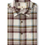 Huckleberry Cotton Flannel Sport Shirt by Duck Head featuring a long-sleeved cream, maroon, olive, and blue plaid pattern with a button-down collar.