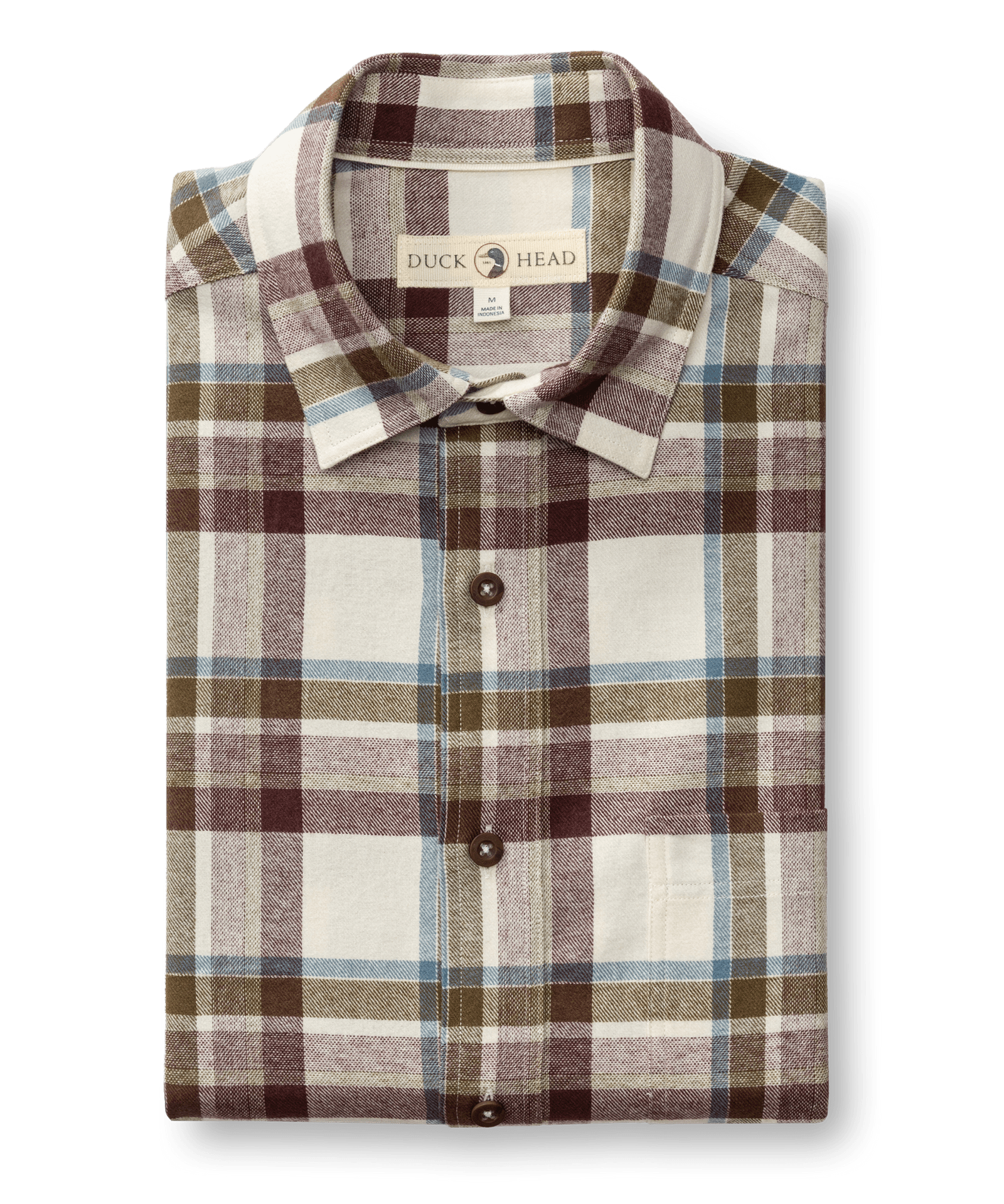 Huckleberry Cotton Flannel Sport Shirt by Duck Head featuring a long-sleeved cream, maroon, olive, and blue plaid pattern with a button-down collar.