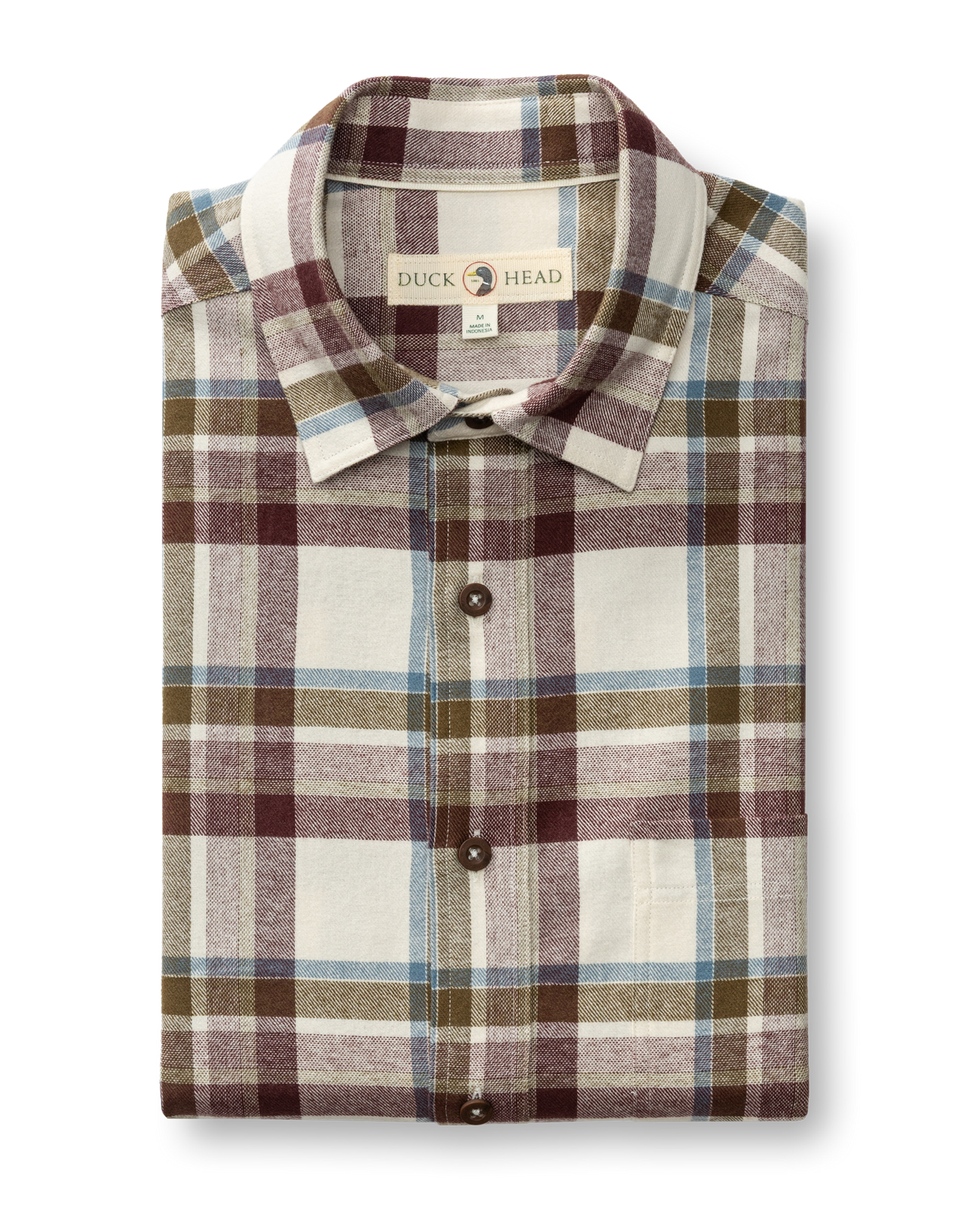 Huckleberry Cotton Flannel Sport Shirt by Duck Head featuring a long-sleeved cream, maroon, olive, and blue plaid pattern with a button-down collar.