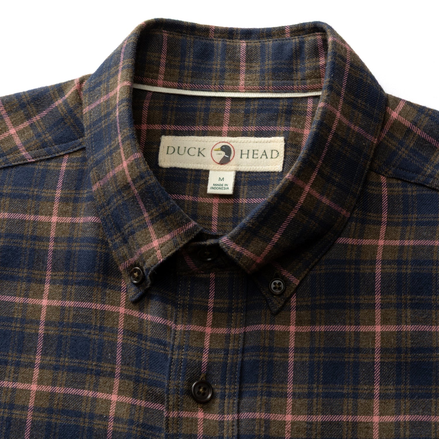 Duck Head Cotton Flannel Sport Shirt in a blue, brown, and pink plaid cotton flannel with a button-down collar, perfect for a fall adventure.