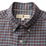 Close-up of a blue and brown Cotton Flannel Sport Shirt Duck Head featuring a button-down collar.