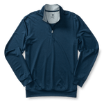 A navy Long Drive Performance 1/4 Zip Pullover by Duck Head, featuring a standing collar and moisture-wicking fabric, is laid flat on a white background.