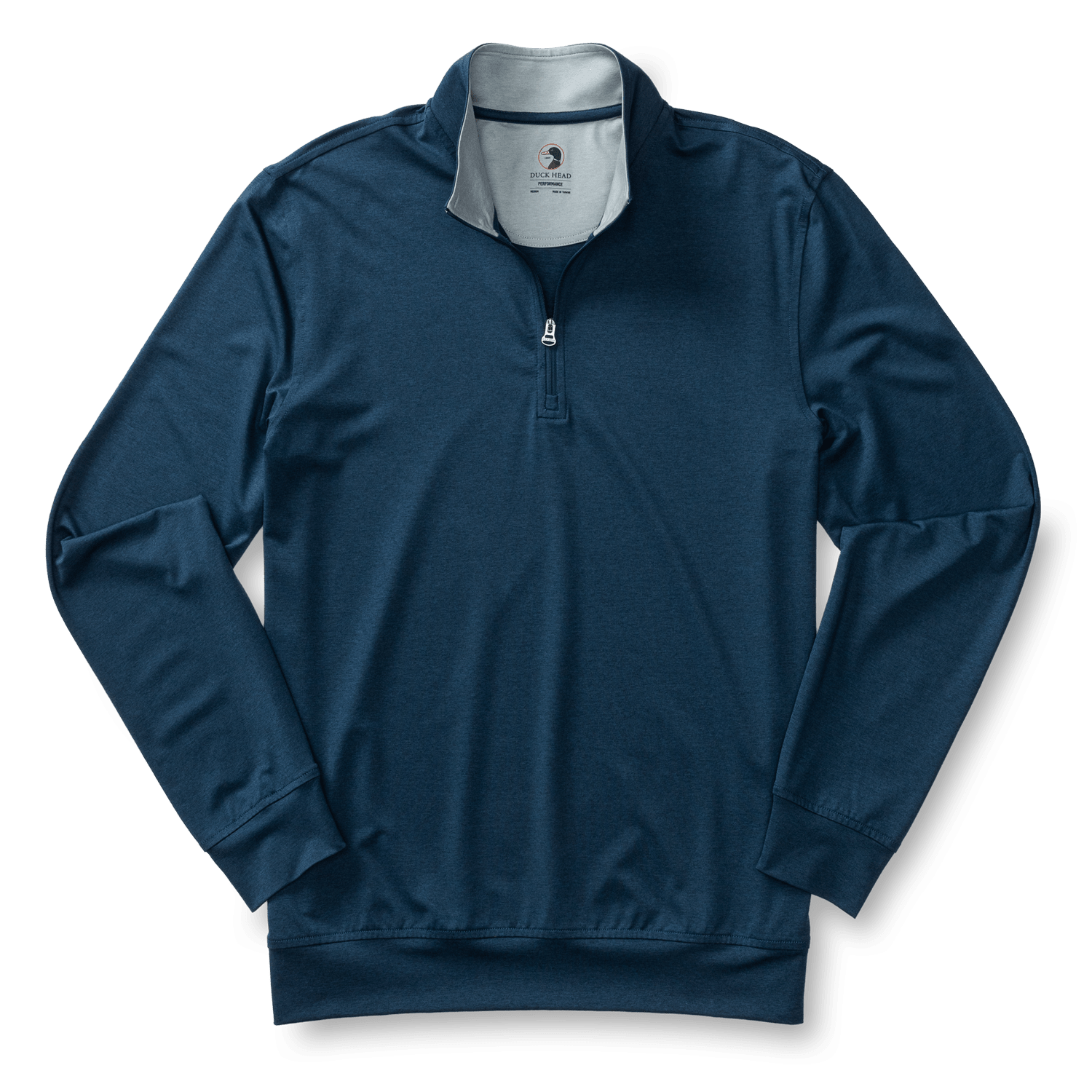 A navy Long Drive Performance 1/4 Zip Pullover by Duck Head, featuring a standing collar and moisture-wicking fabric, is laid flat on a white background.