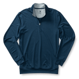 A navy Long Drive Performance 1/4 Zip Pullover by Duck Head, featuring a standing collar and moisture-wicking fabric, is laid flat on a white background.