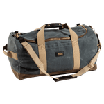 The Duck Head Waxed Canvas Weekender Bag features green waxed canvas, tan straps, a large zipper, small front pocket, and leather accents on handles and corners. Made in the USA and carry-on compliant for convenient travel.