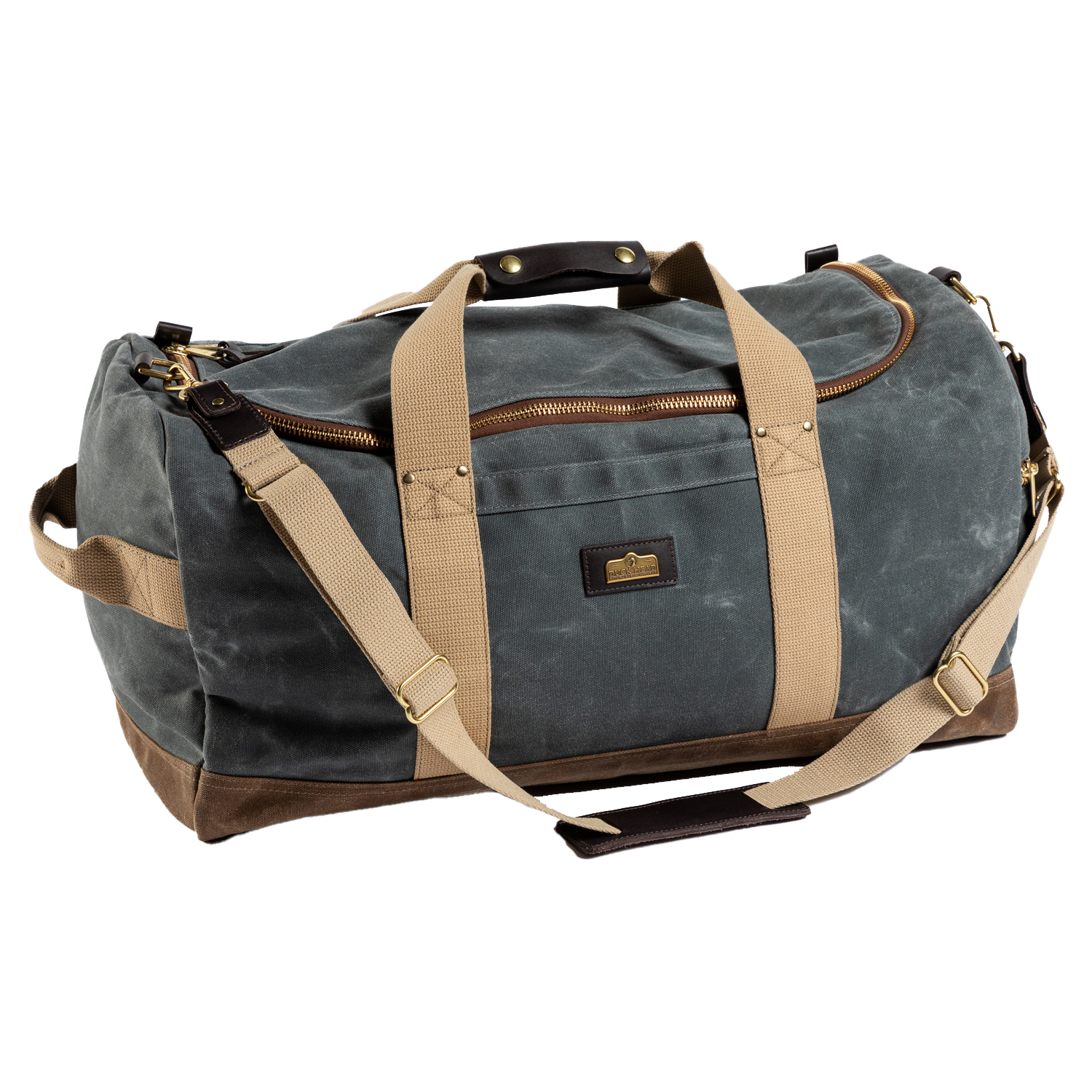 The Duck Head Waxed Canvas Weekender Bag features green waxed canvas, tan straps, a large zipper, small front pocket, and leather accents on handles and corners. Made in the USA and carry-on compliant for convenient travel.