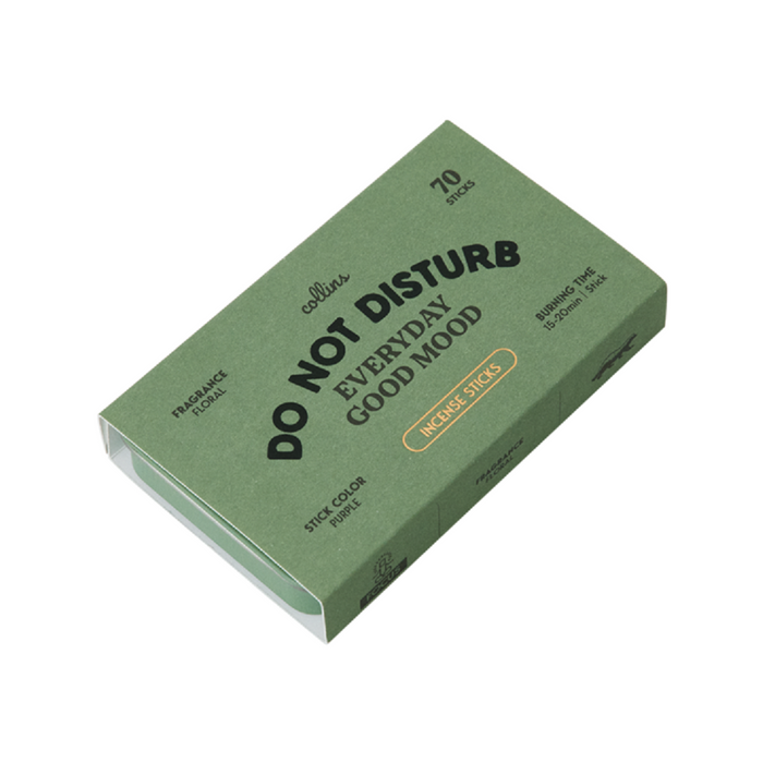 A green box labeled “Do Not Disturb Incense Sticks |Collins” from the brand Collins contains 70 incense sticks made with natural ingredients, with details about fragrance, stick color, and burning time printed on the packaging.