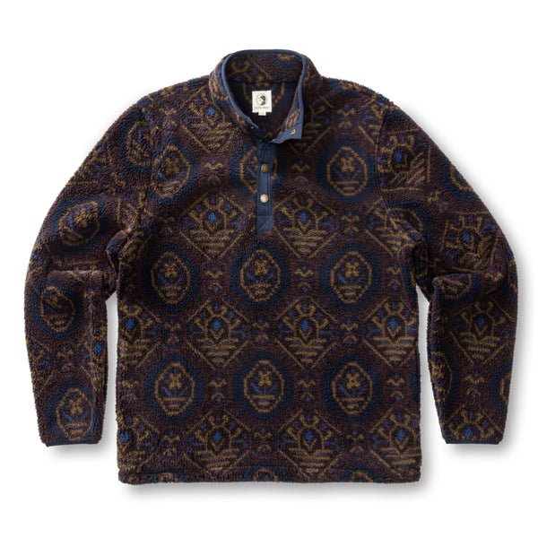 Pineview Fleece 1/4 Snap Pullover by Duck Head featuring a dark blue and brown geometric pattern, designed for lightweight warmth during outdoor activities.