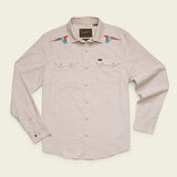 Howler Brothers Crosscut Deluxe long-sleeve western shirt in beige, featuring snap buttons, front pockets, and colorful bird embroidery on the shoulders inspired by Parrot Patrol, displayed on a plain background.