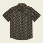 Short-sleeved button-up Howler Brothers Grampa’s Curtains shirt with a dark base and light-colored floral stripe pattern, featuring pearl snaps, two chest pockets, and a pointed collar—a stylish nod to Howler Brothers’ technical utility shirt designs.