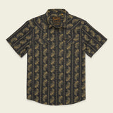Short-sleeved button-up Howler Brothers Grampa’s Curtains shirt with a dark base and light-colored floral stripe pattern, featuring pearl snaps, two chest pockets, and a pointed collar—a stylish nod to Howler Brothers’ technical utility shirt designs.