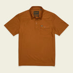 Howler Brothers Ranchero Tech short-sleeve polo in rust, featuring a button-up collar and a single chest pocket, displayed flat against a light background.