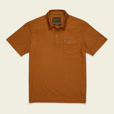 Howler Brothers Ranchero Tech short-sleeve polo in rust, featuring a button-up collar and a single chest pocket, displayed flat against a light background.