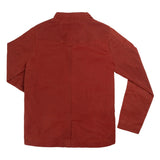 The Women’s Rancho Waxed Jacket by Sendero Provisions Co. is laid flat with the back side facing up, showcasing its long sleeves, collar, and visible seam details along the shoulders and sleeves. Crafted from durable rust-colored waxed cotton canvas.
