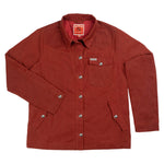 The Women’s Rancho Waxed Jacket by Sendero Provisions Co. is crafted from water-wicking waxed cotton canvas and features a rust color, button-up front with silver buttons, collared neckline, western-style chest pocket flaps, and two front pockets. The jacket is displayed flat on a white background.
