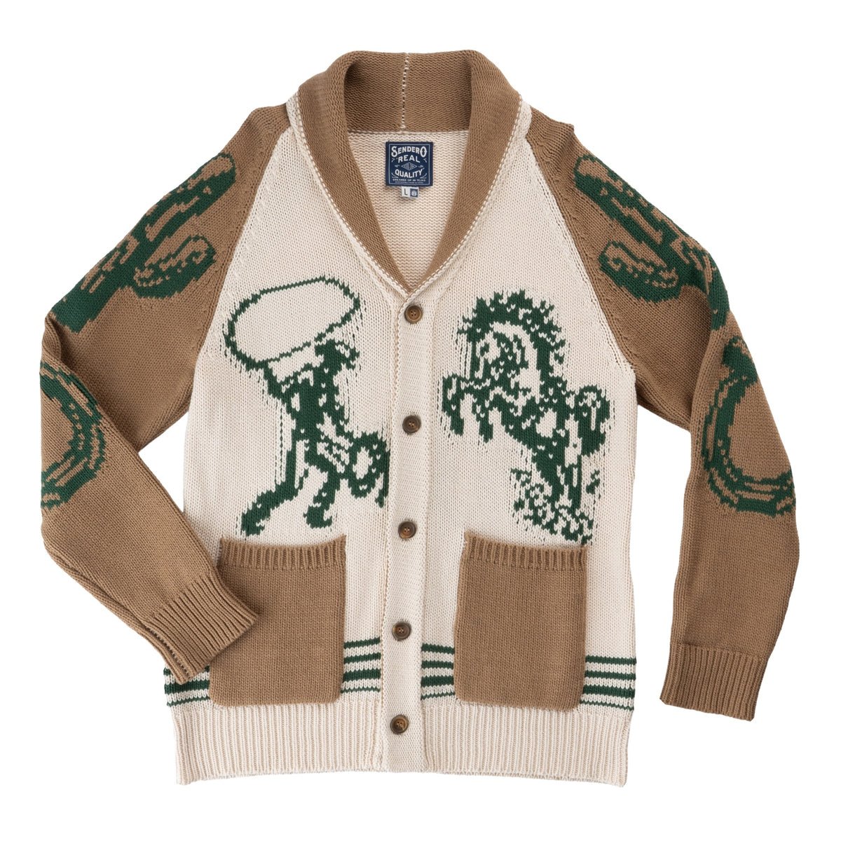 Sendero Provisions Co. Nuevo Laredo Cardigan in cream and brown cotton-acrylic with a shawl collar, featuring green cowboy and cactus intarsia patterns and southwest conch buttons.