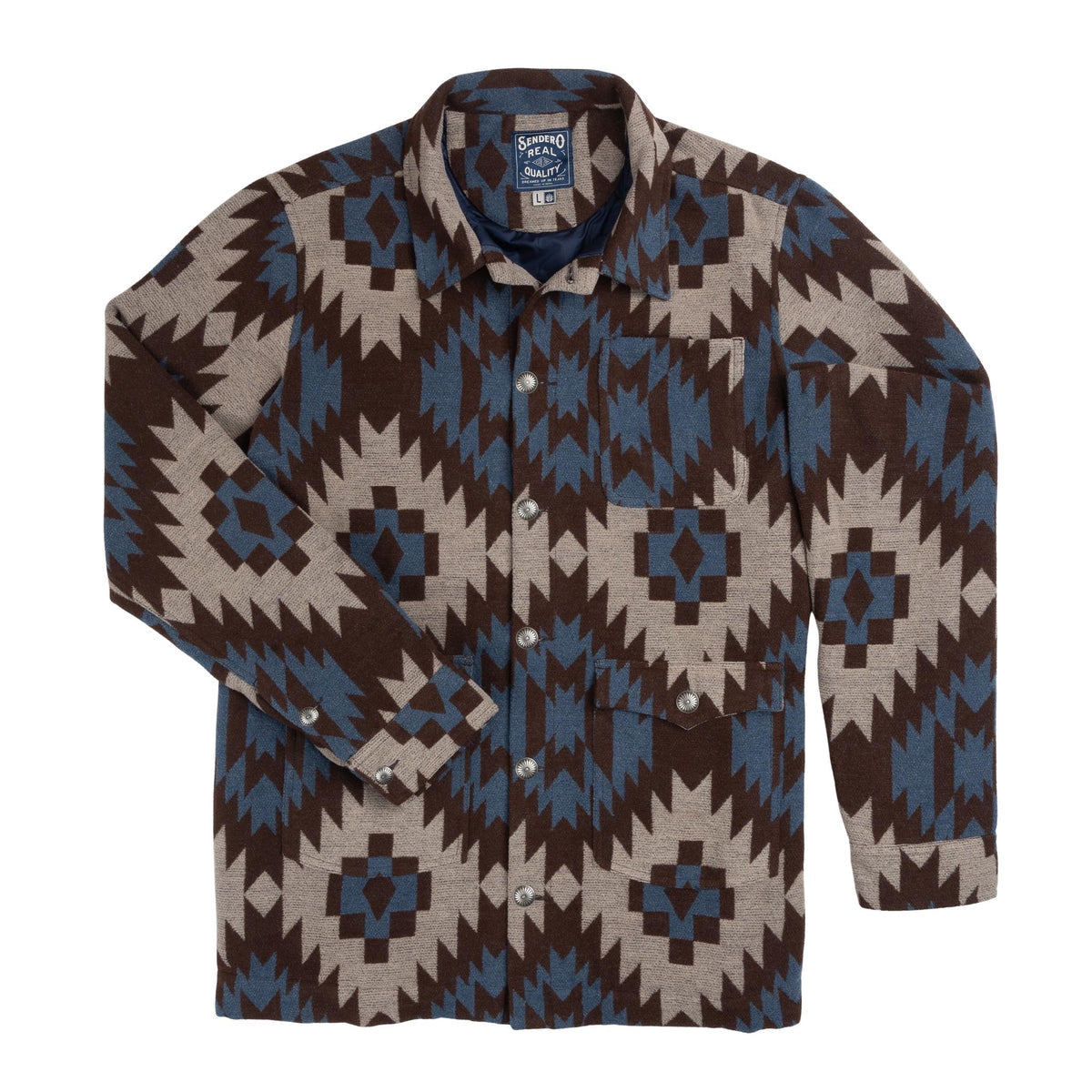 Santa Fe Jacket by Sendero Provisions Co., a Western-style button-down jacket featuring a brown and blue geometric southwest print, a chest pocket, and two lower pockets.