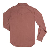 The Wyatt Pearl Snap Long Sleeve Denim Shirt Madera by Sendero Provisions Co. features a faded red hue and is shown from the back with a pointed yoke and simple cuffs. Crafted from soft cotton for comfort, this classic vintage Western shirt is finished with subtle pearl snaps.