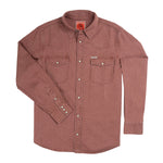 The Wyatt Pearl Snap Long Sleeve Denim Shirt in Madera by Sendero Provisions Co. is a long-sleeve, button-up shirt featuring faded maroon cotton denim, pearl snaps, two chest pockets, and a pointed collar, displayed laid flat on a white background.