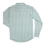 Back view of The Wyatt Pearl Snap Long Sleeve Print Shirt by Sendero Provisions Co., featuring blue and white vertical stripes with small geometric patterns, crafted from soft organic cotton for added comfort.