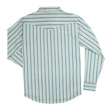 Back view of The Wyatt Pearl Snap Long Sleeve Print Shirt by Sendero Provisions Co., featuring blue and white vertical stripes with small geometric patterns, crafted from soft organic cotton for added comfort.