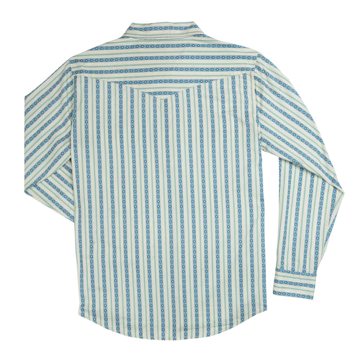 Back view of The Wyatt Pearl Snap Long Sleeve Print Shirt by Sendero Provisions Co., featuring blue and white vertical stripes with small geometric patterns, crafted from soft organic cotton for added comfort.