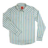 The Wyatt Pearl Snap Long Sleeve Print Shirt from Sendero Provisions Co. features blue and white vertical stripes accented with geometric patterns, a pointed collar, two chest pockets with western pearl snaps, and is crafted from a hemp-cotton blend.