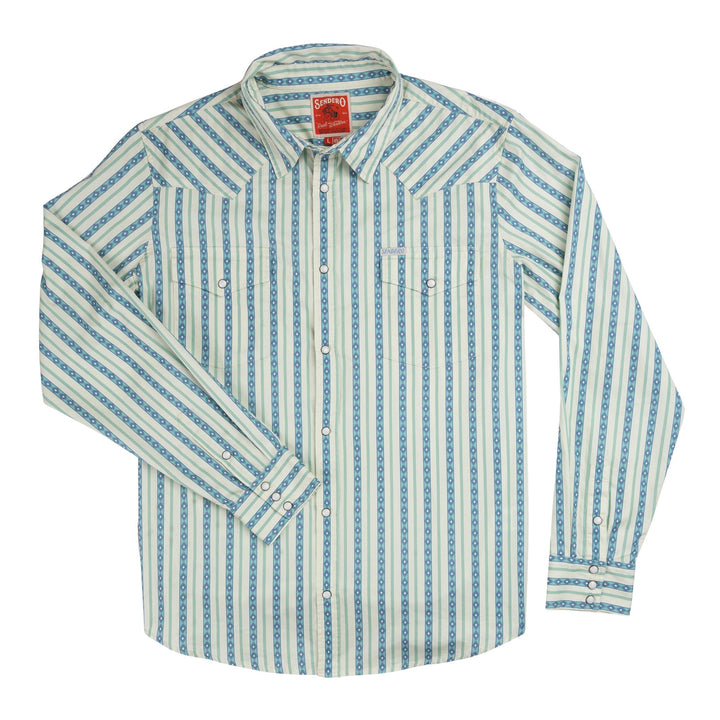 The Wyatt Pearl Snap Long Sleeve Print Shirt from Sendero Provisions Co. features blue and white vertical stripes accented with geometric patterns, a pointed collar, two chest pockets with western pearl snaps, and is crafted from a hemp-cotton blend.