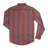 The Wyatt Pearl Snap Long Sleeve Print Shirt Clay by Sendero Provisions Co. is a long-sleeve button-up made from hemp cotton, showcasing vertical red, blue, and yellow stripes with classic western pearl snaps; displayed from the back against a white background.